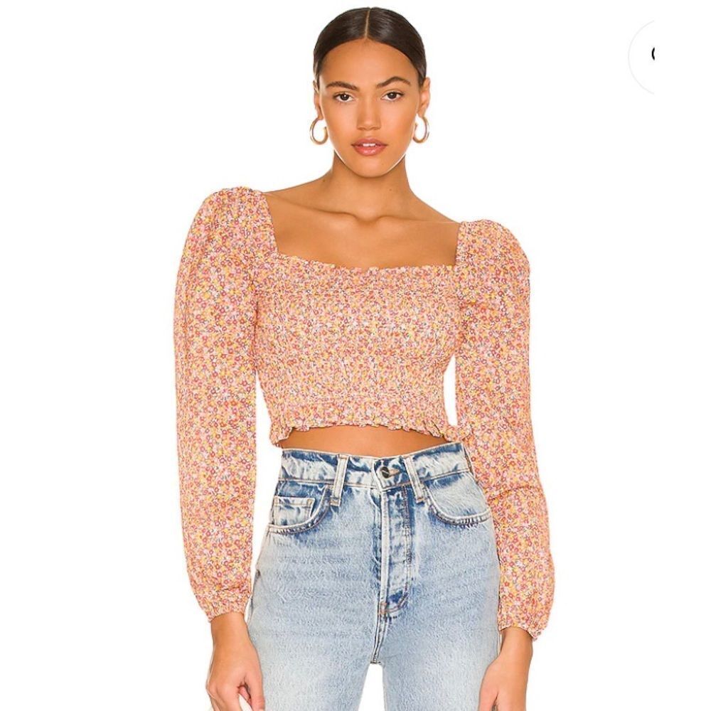 MinkPink floral smocked long sleeve crop top NWT